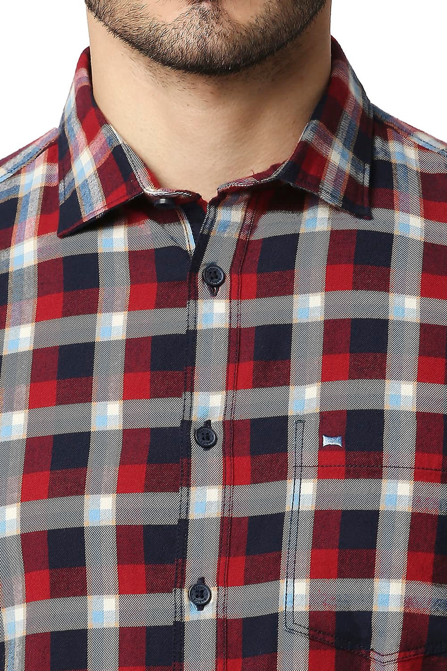 BASICS SLIM FIT CRIMSON RED BRUSHED TWILL CHECKS SHIRT