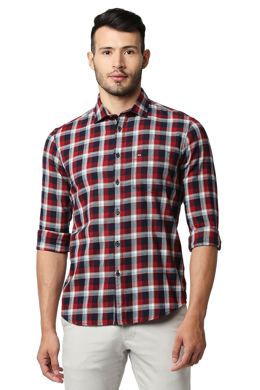 BASICS SLIM FIT CRIMSON RED BRUSHED TWILL CHECKS SHIRT