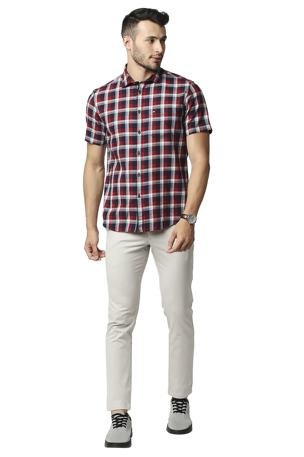 BASICS SLIM FIT BRUSHED TWILL CHECKS HALFSLEEVES SHIRT