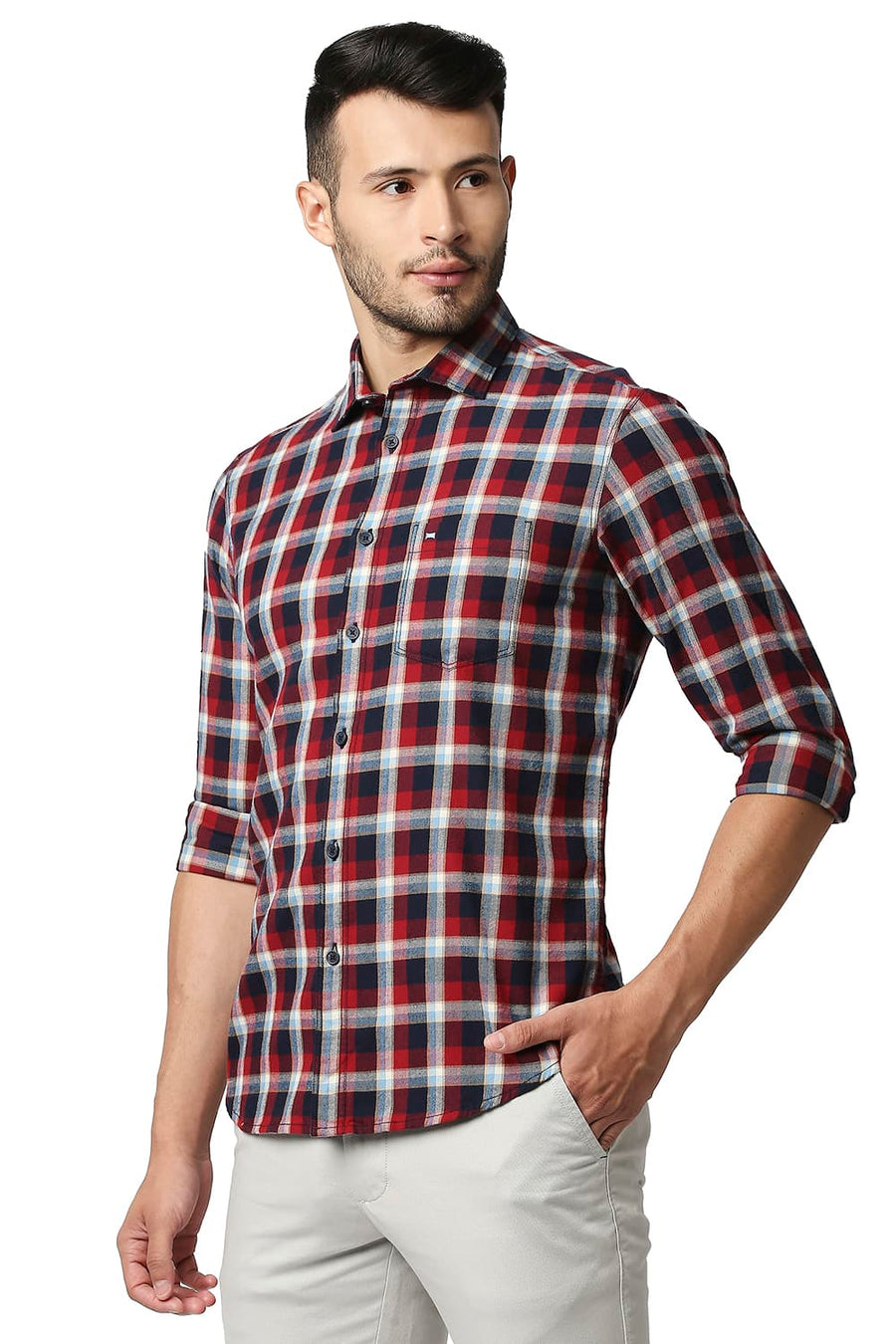 BASICS SLIM FIT CRIMSON RED BRUSHED TWILL CHECKS SHIRT