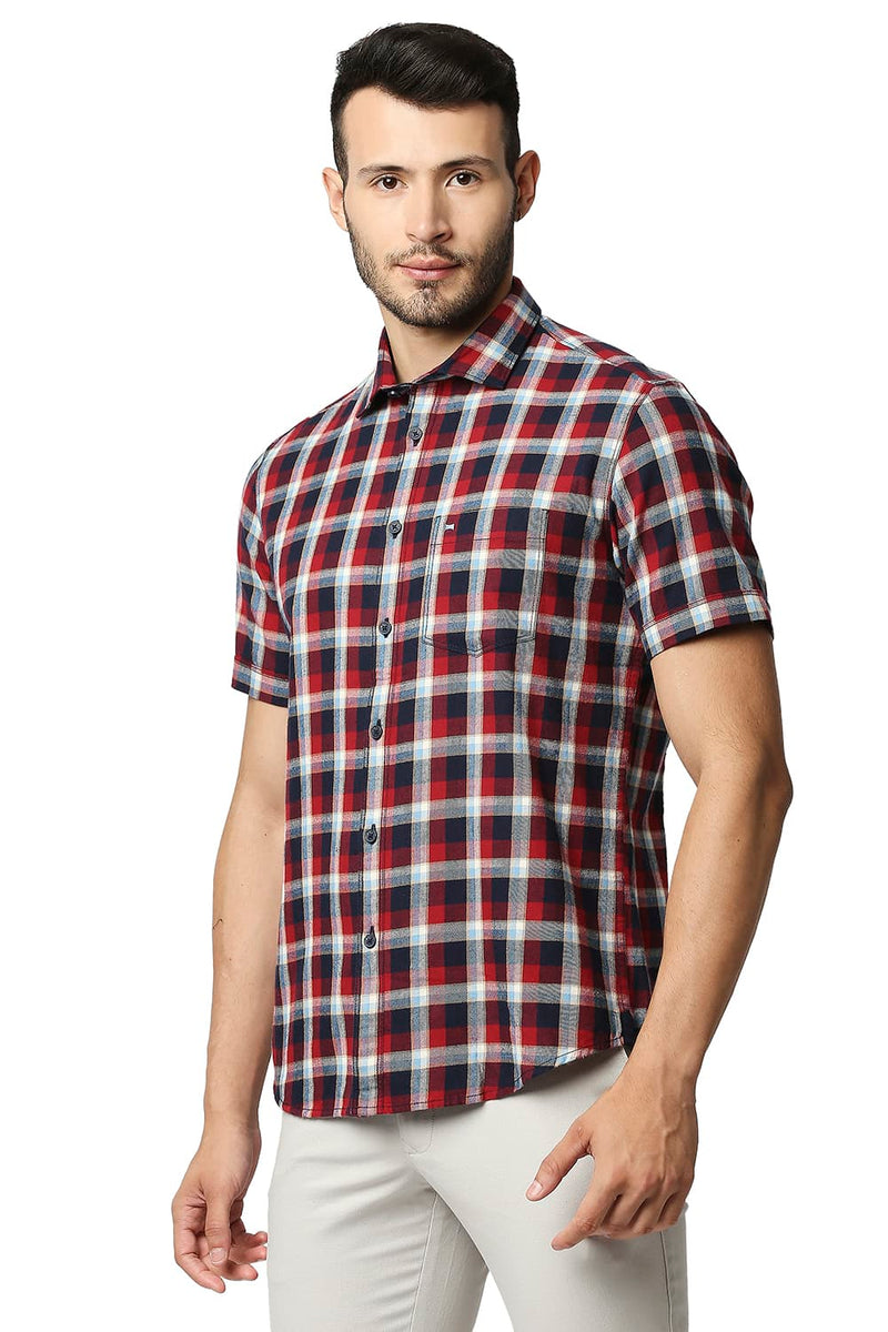 BASICS SLIM FIT BRUSHED TWILL CHECKS HALFSLEEVES SHIRT