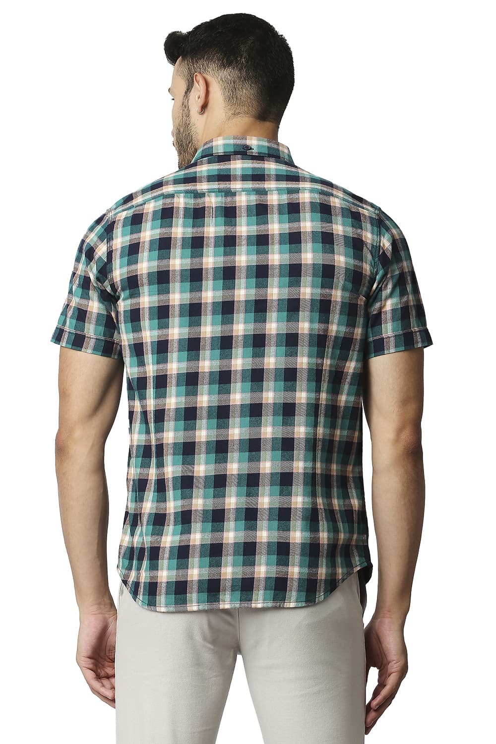 BASICS SLIM FIT BRUSHED TWILL CHECKS HALFSLEEVES SHIRT