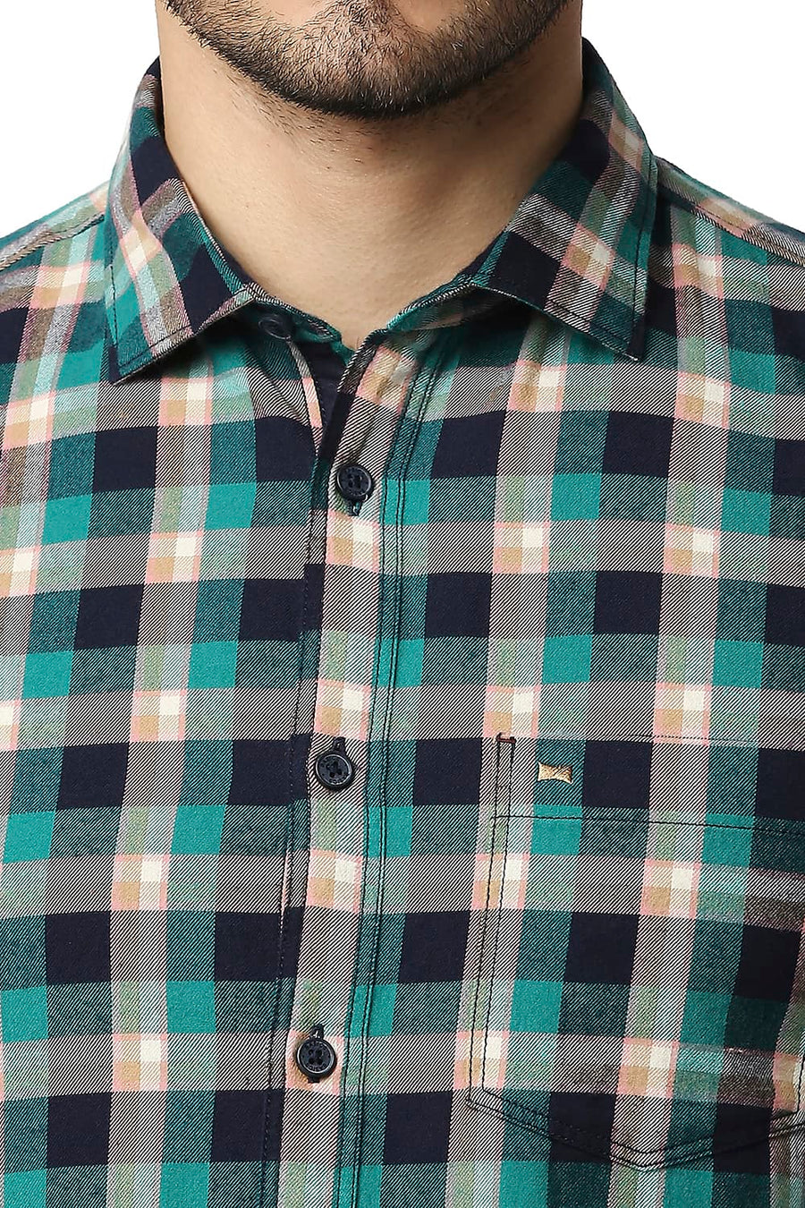 BASICS SLIM FIT ALHAMBRA GREEN BRUSHED TWILL CHECKS SHIRT