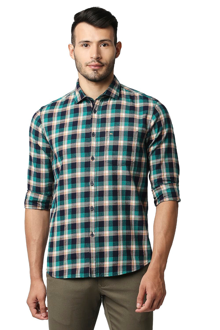 BASICS SLIM FIT ALHAMBRA GREEN BRUSHED TWILL CHECKS SHIRT