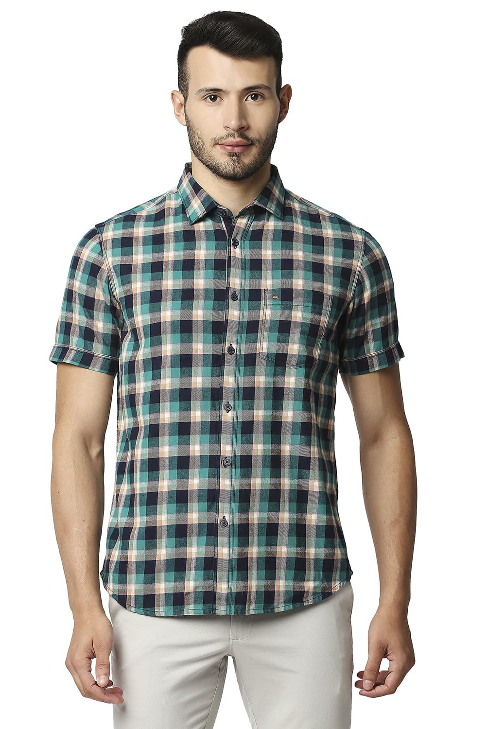 BASICS SLIM FIT BRUSHED TWILL CHECKS HALFSLEEVES SHIRT