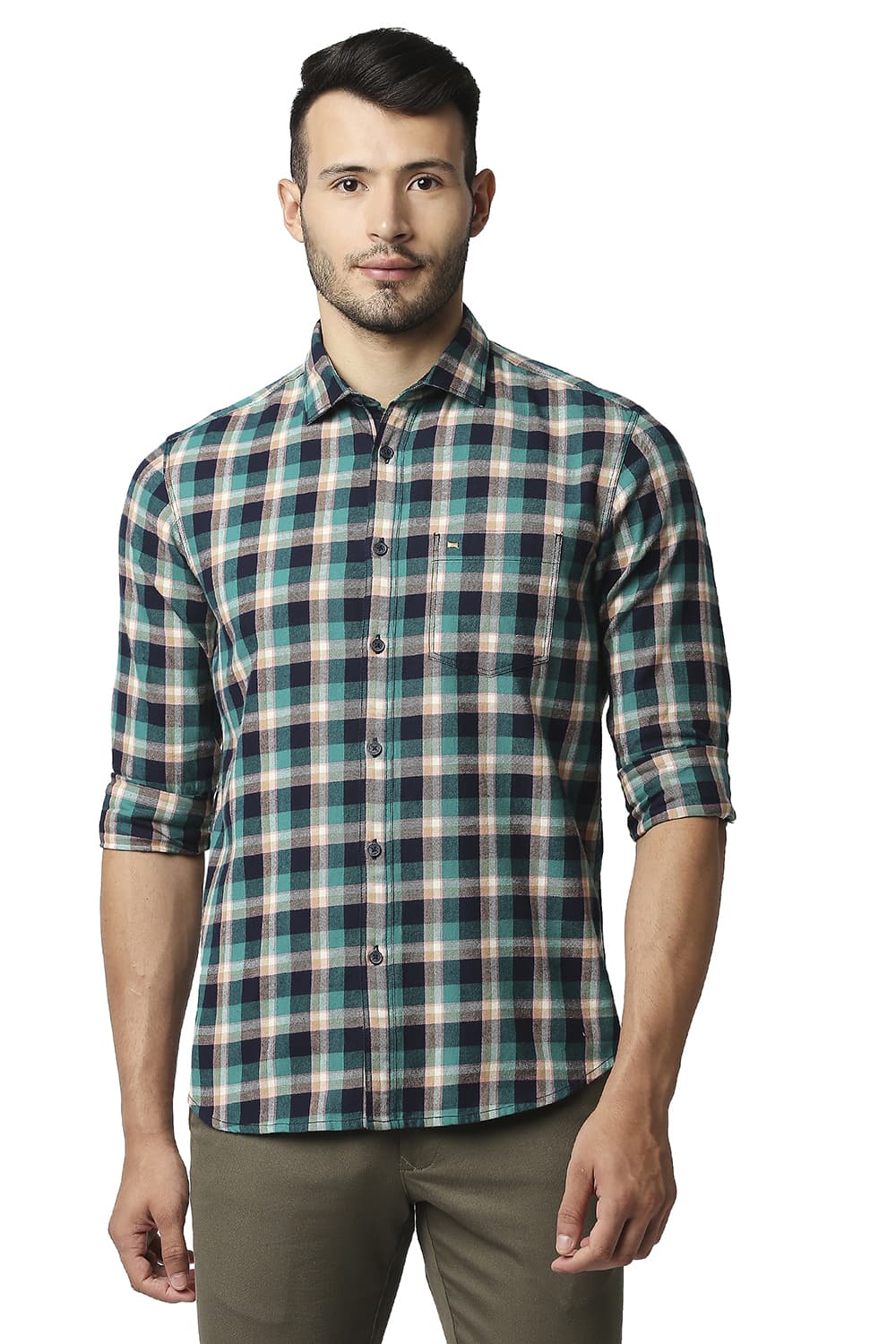 BASICS SLIM FIT BRUSHED TWILL CHECKS SHIRT