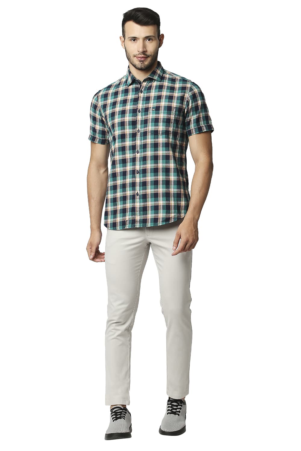 BASICS SLIM FIT BRUSHED TWILL CHECKS HALFSLEEVES SHIRT