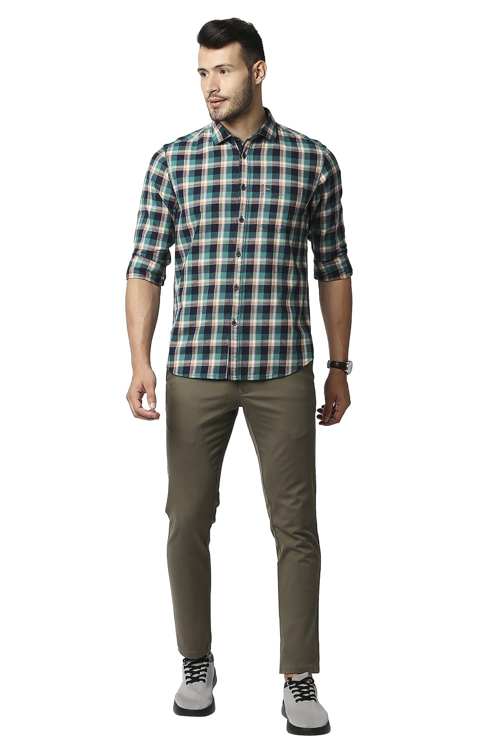 BASICS SLIM FIT BRUSHED TWILL CHECKS SHIRT