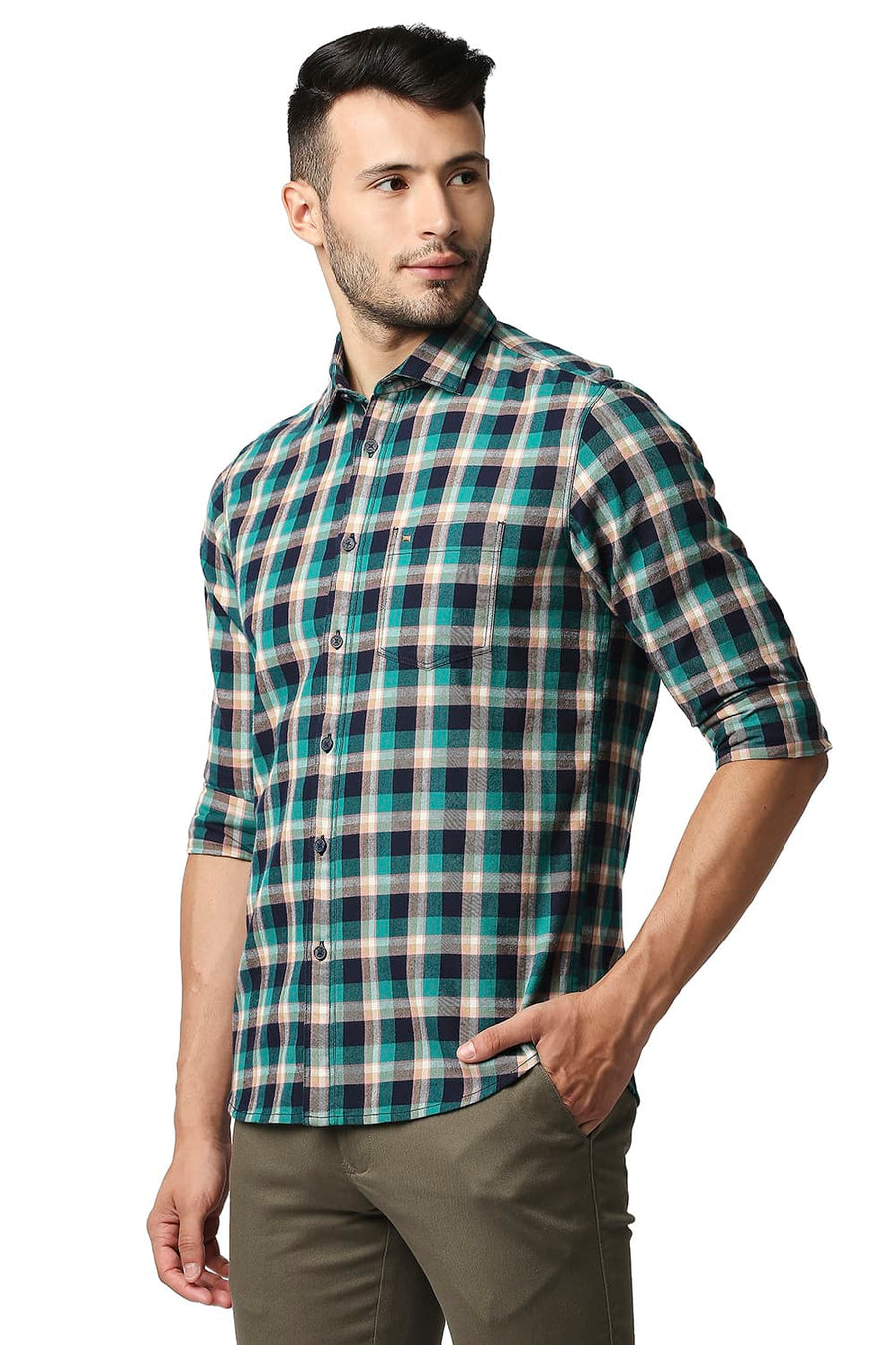 BASICS SLIM FIT ALHAMBRA GREEN BRUSHED TWILL CHECKS SHIRT