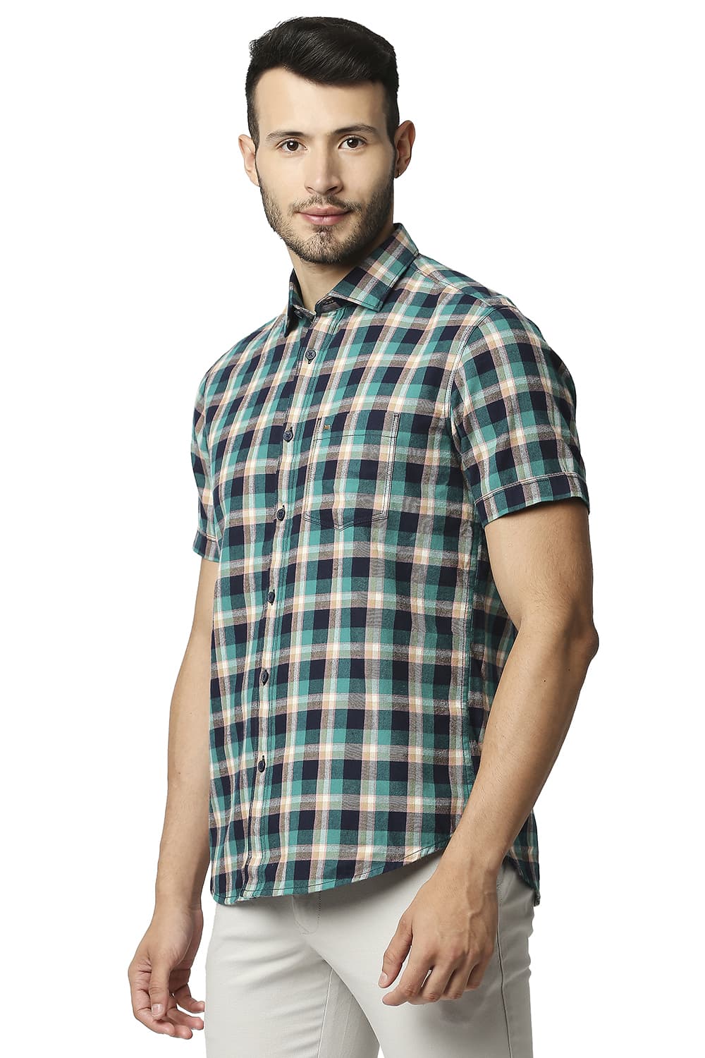 BASICS SLIM FIT BRUSHED TWILL CHECKS HALFSLEEVES SHIRT