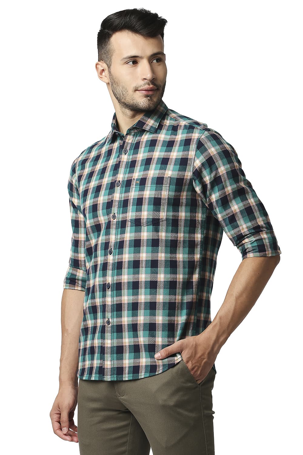 BASICS SLIM FIT BRUSHED TWILL CHECKS SHIRT