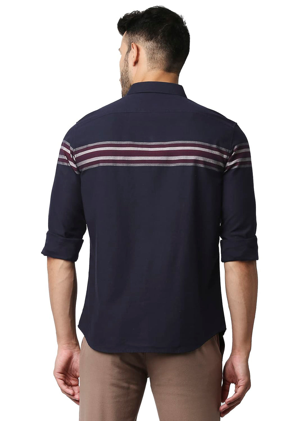 BASICS SLIM FIT PEACOAT BLUE DOBBY ENGINEERING WEFT STRIPE SHIRT