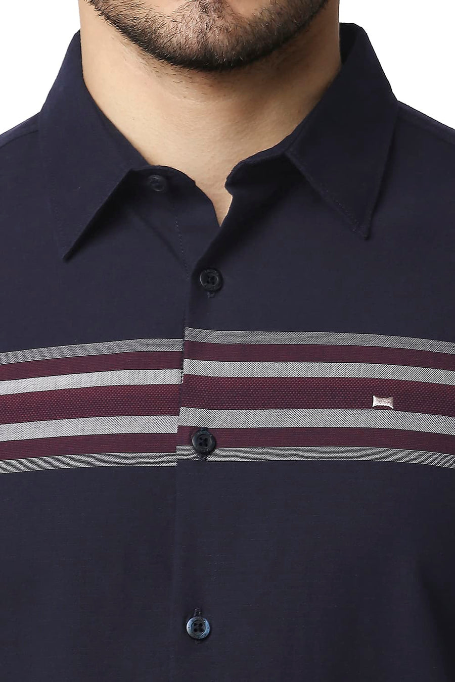BASICS SLIM FIT PEACOAT BLUE DOBBY ENGINEERING WEFT STRIPE SHIRT