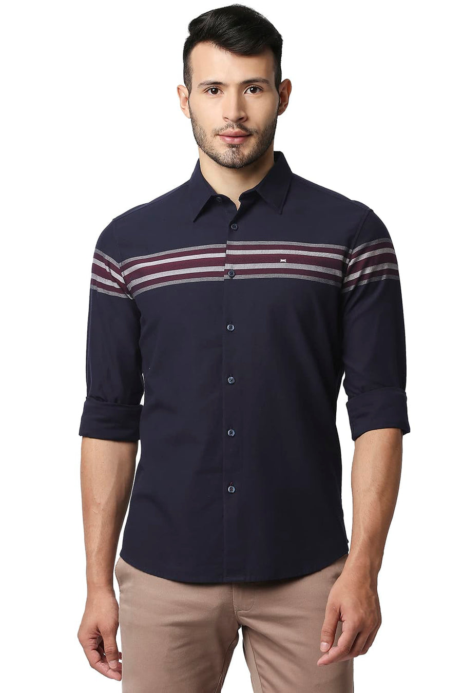 BASICS SLIM FIT PEACOAT BLUE DOBBY ENGINEERING WEFT STRIPE SHIRT