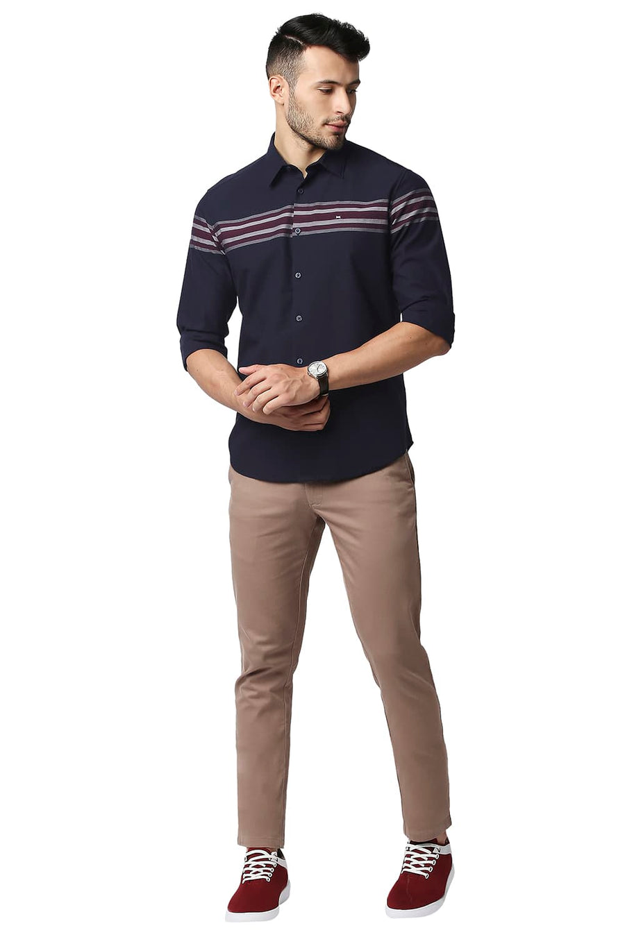 BASICS SLIM FIT PEACOAT BLUE DOBBY ENGINEERING WEFT STRIPE SHIRT