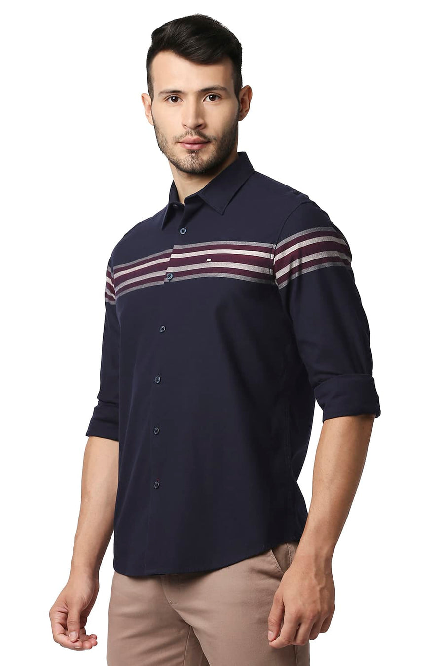 BASICS SLIM FIT PEACOAT BLUE DOBBY ENGINEERING WEFT STRIPE SHIRT