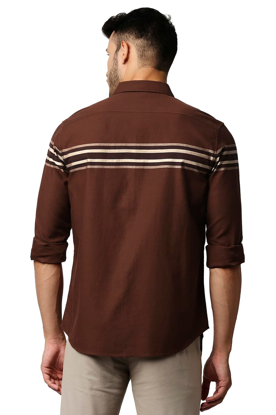 BASICS SLIM FIT FRIAR BROWN DOBBY ENGINEERING WEFT STRIPE SHIRT