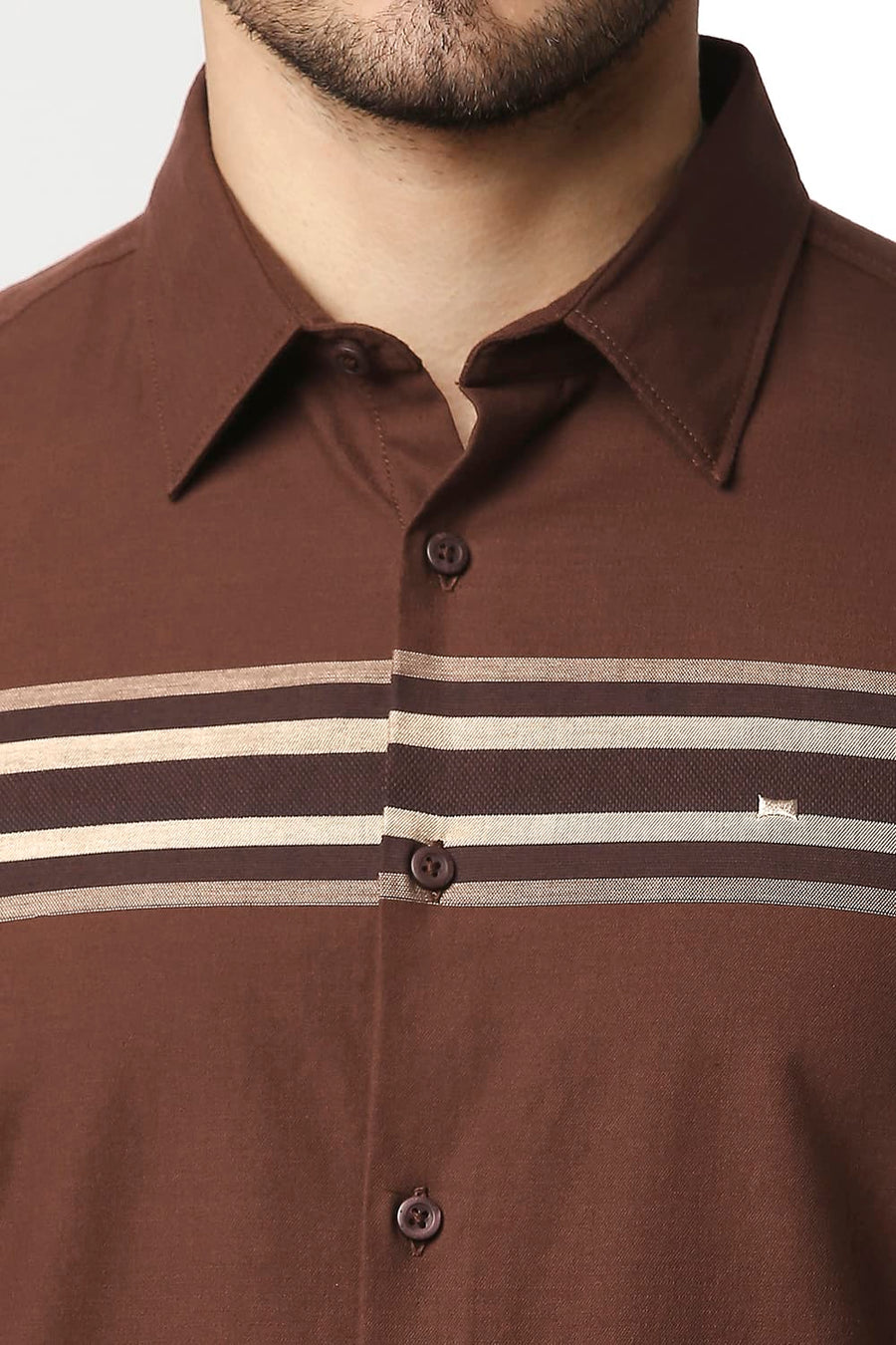 BASICS SLIM FIT FRIAR BROWN DOBBY ENGINEERING WEFT STRIPE SHIRT