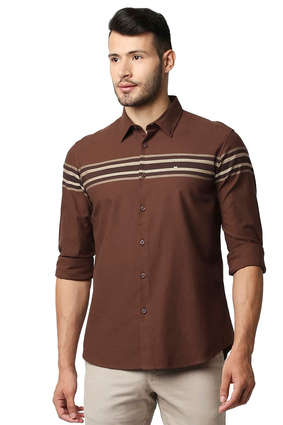 BASICS SLIM FIT FRIAR BROWN DOBBY ENGINEERING WEFT STRIPE SHIRT
