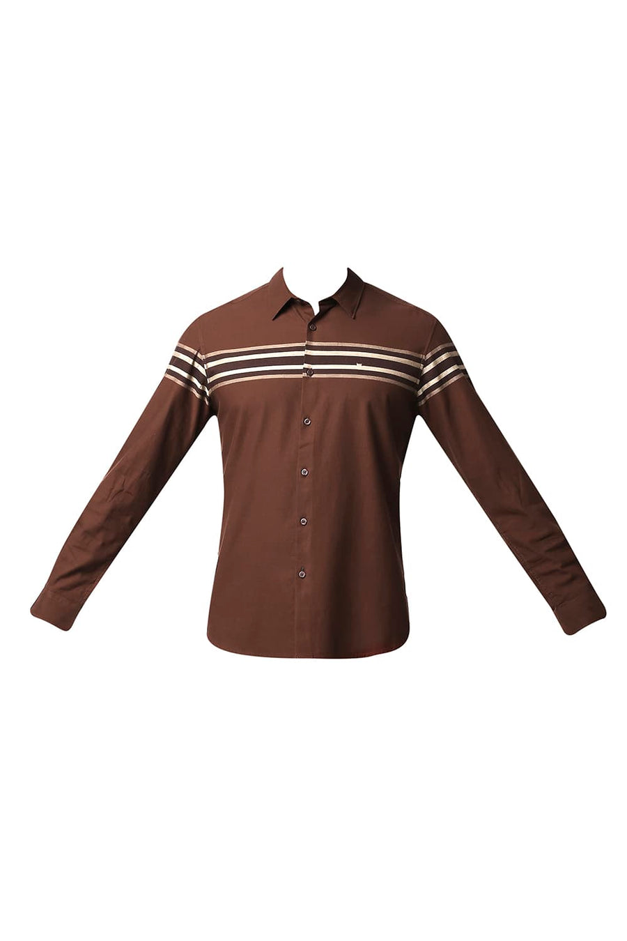 BASICS SLIM FIT FRIAR BROWN DOBBY ENGINEERING WEFT STRIPE SHIRT