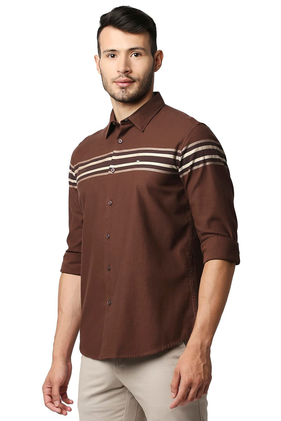 BASICS SLIM FIT FRIAR BROWN DOBBY ENGINEERING WEFT STRIPE SHIRT