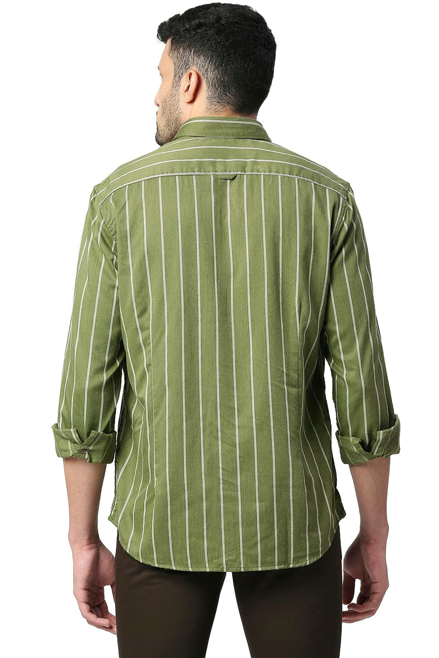 BASICS SLIM FIT CACTUS GREEN POLY VISCOSE STRIPE SHIRT