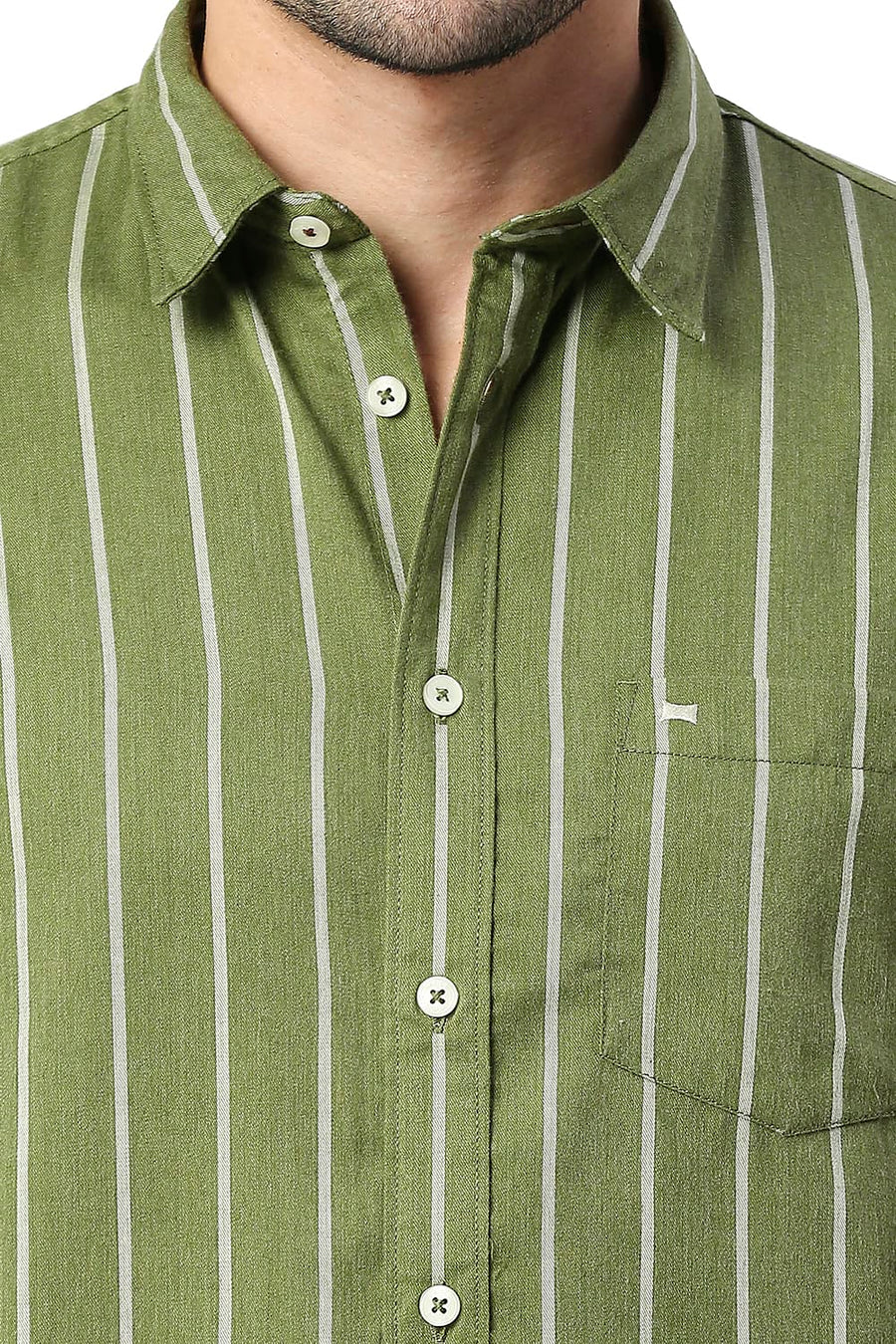 BASICS SLIM FIT CACTUS GREEN POLY VISCOSE STRIPE SHIRT