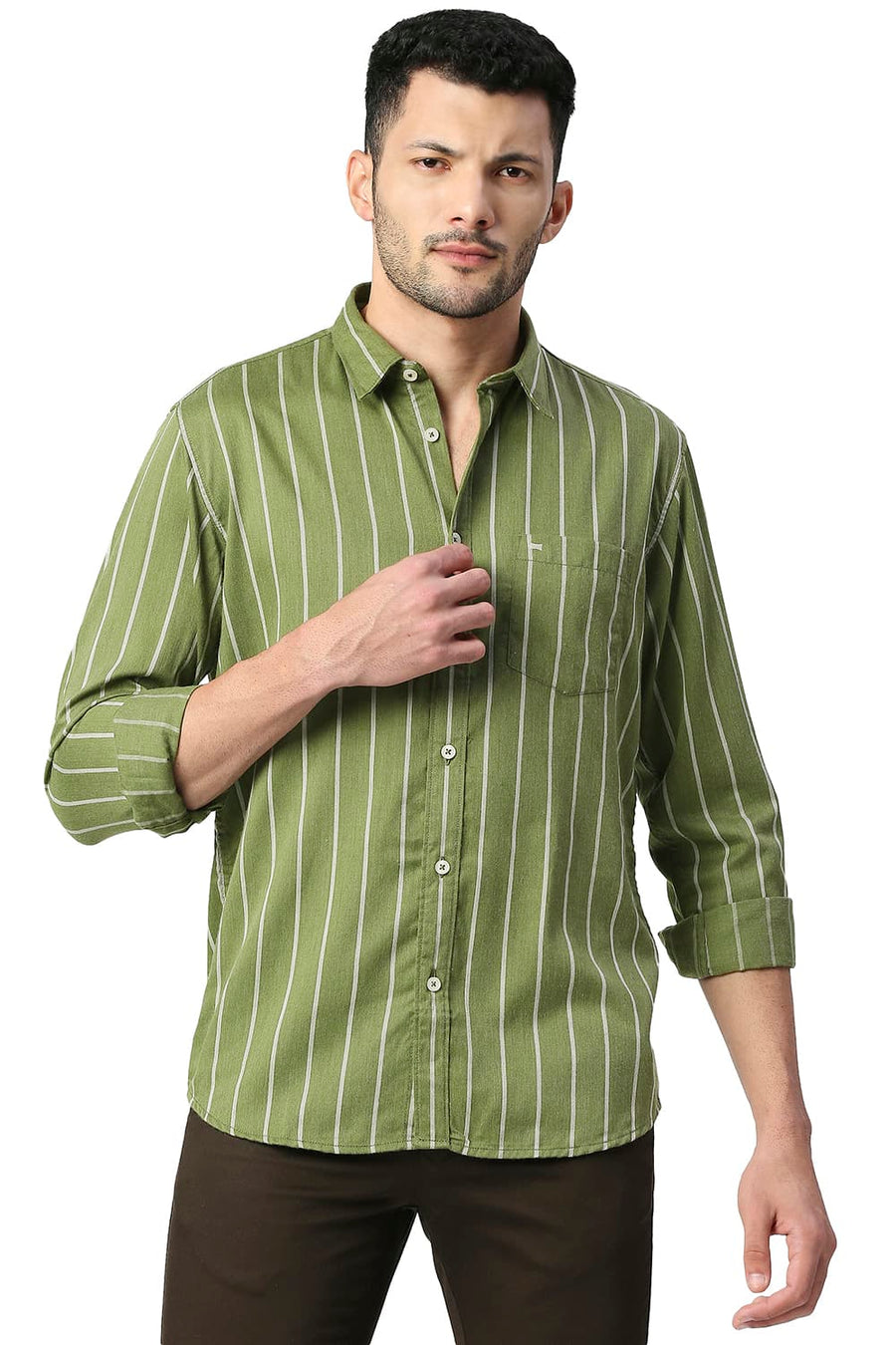BASICS SLIM FIT CACTUS GREEN POLY VISCOSE STRIPE SHIRT