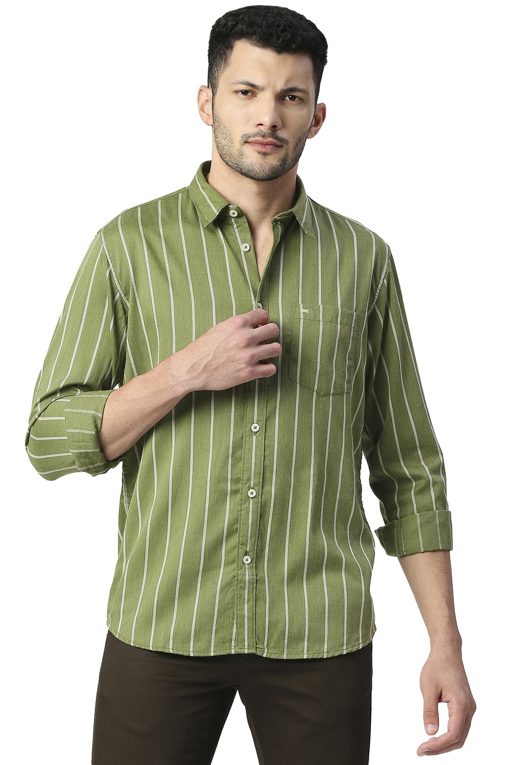 BASICS SLIM FIT POLY VISCOSE STRIPE SHIRT