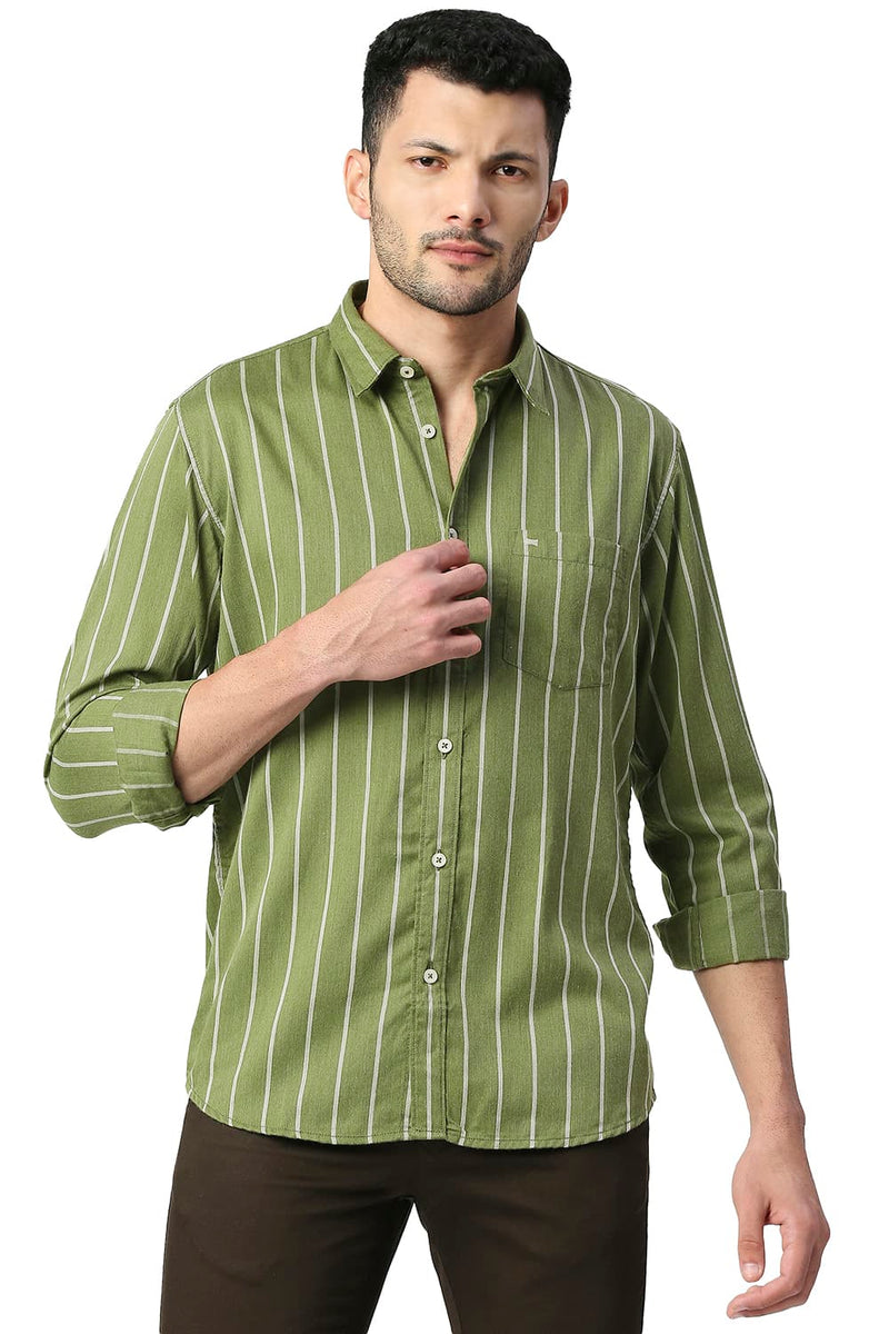 BASICS SLIM FIT POLY VISCOSE STRIPE SHIRT