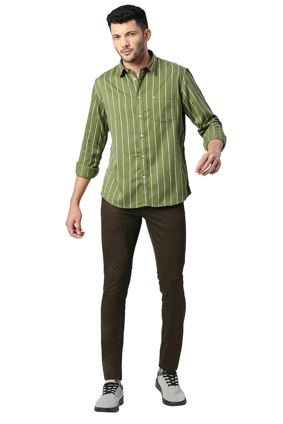 BASICS SLIM FIT CACTUS GREEN POLY VISCOSE STRIPE SHIRT