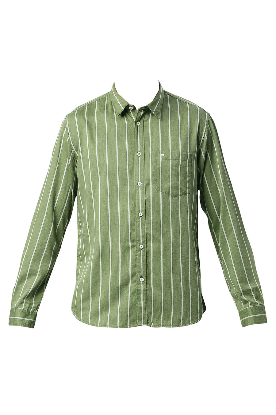 BASICS SLIM FIT CACTUS GREEN POLY VISCOSE STRIPE SHIRT