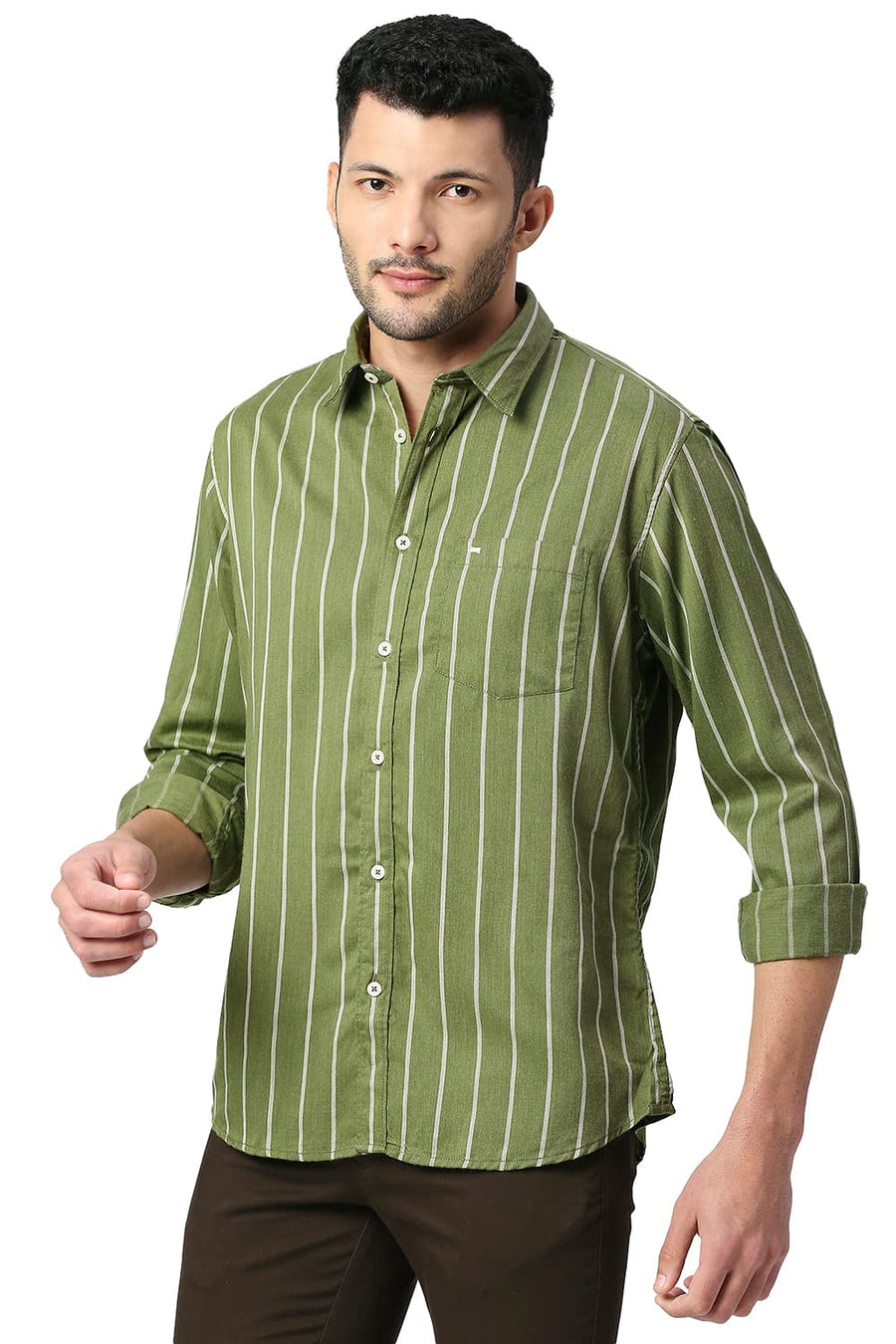 BASICS SLIM FIT CACTUS GREEN POLY VISCOSE STRIPE SHIRT