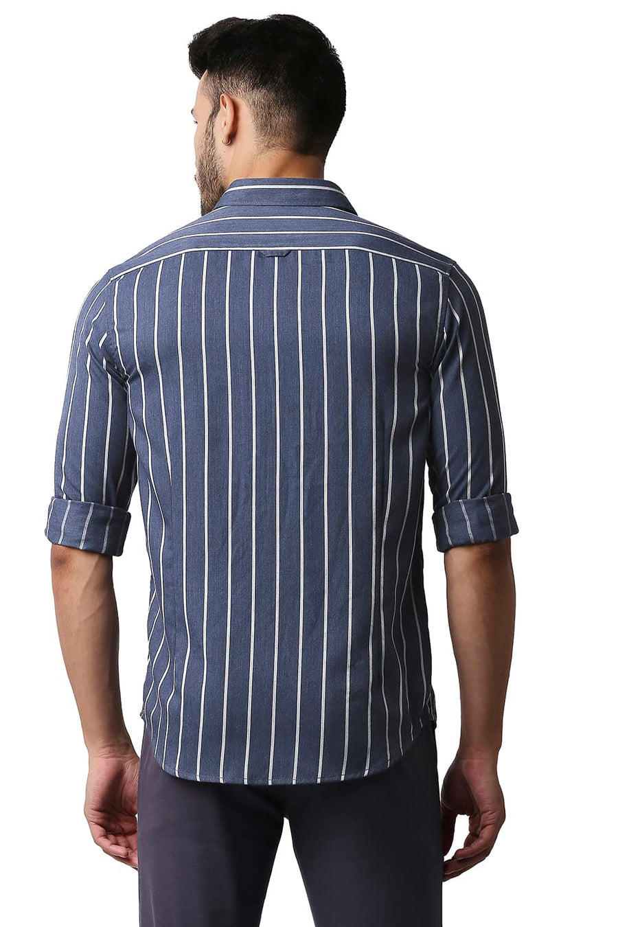 BASICS SLIM FIT BERING SEA BLUE POLY VISCOSE STRIPE SHIRT