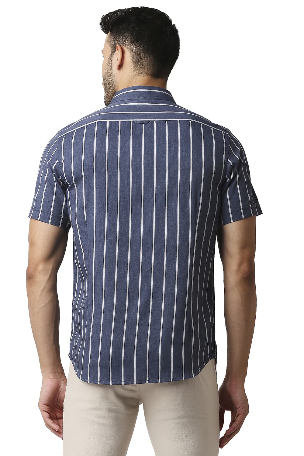 BASICS SLIM FIT POLY VISCOSE STRIPE HALFSLEEVES SHIRT