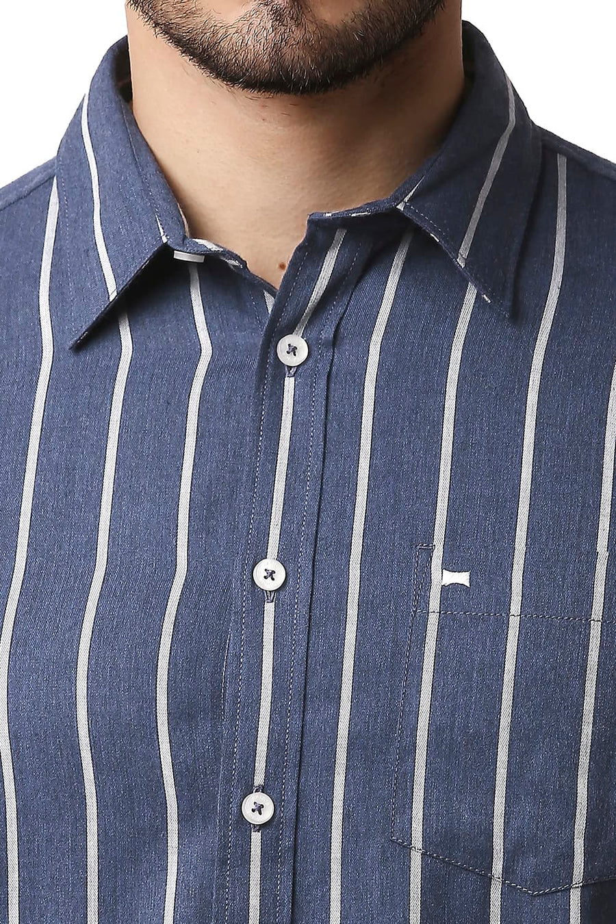 BASICS SLIM FIT BERING SEA BLUE POLY VISCOSE STRIPE SHIRT