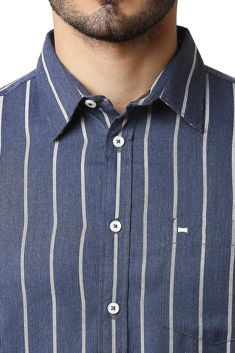 BASICS SLIM FIT POLY VISCOSE STRIPE HALFSLEEVES SHIRT