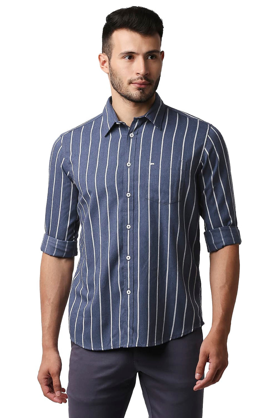 BASICS SLIM FIT BERING SEA BLUE POLY VISCOSE STRIPE SHIRT