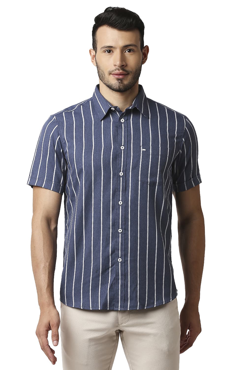 BASICS SLIM FIT POLY VISCOSE STRIPE SHIRT