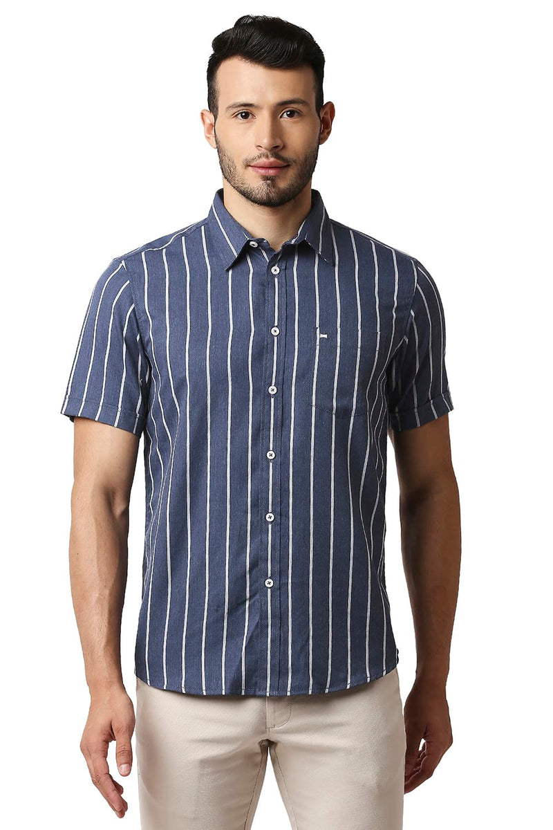 BASICS SLIM FIT POLY VISCOSE STRIPE SHIRT