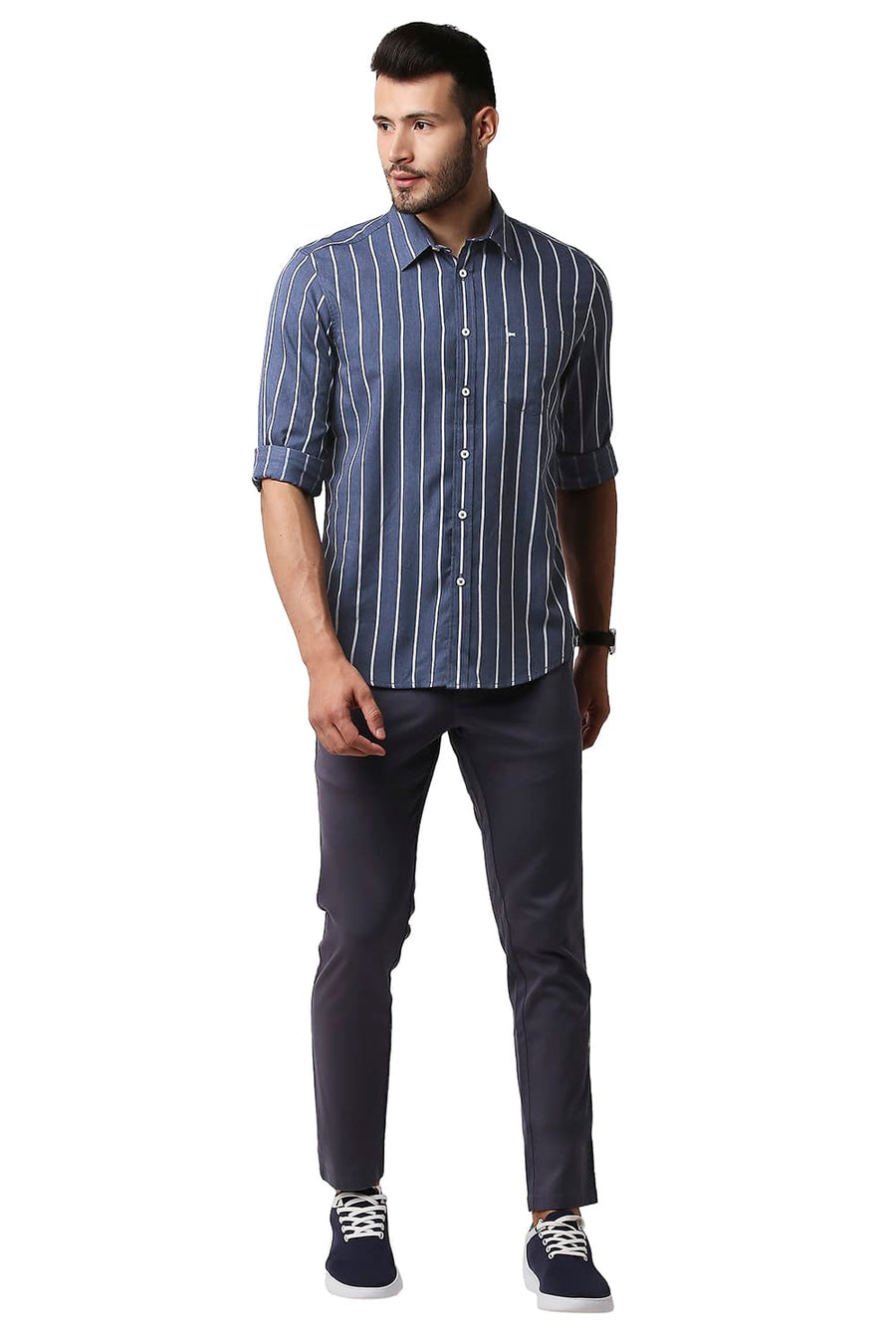 BASICS SLIM FIT BERING SEA BLUE POLY VISCOSE STRIPE SHIRT