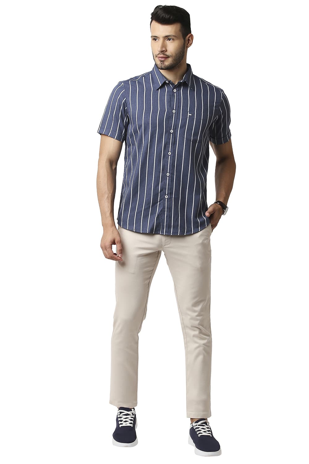 BASICS SLIM FIT POLY VISCOSE STRIPE HALFSLEEVES SHIRT