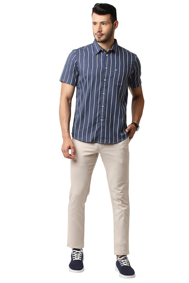 BASICS SLIM FIT POLY VISCOSE STRIPE HALFSLEEVES SHIRT