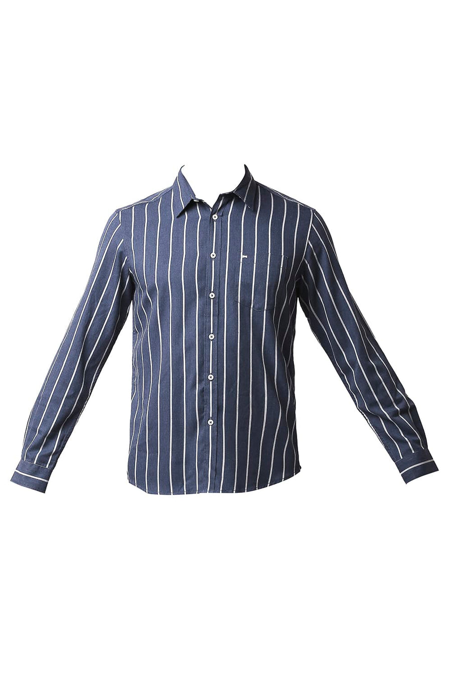 BASICS SLIM FIT BERING SEA BLUE POLY VISCOSE STRIPE SHIRT