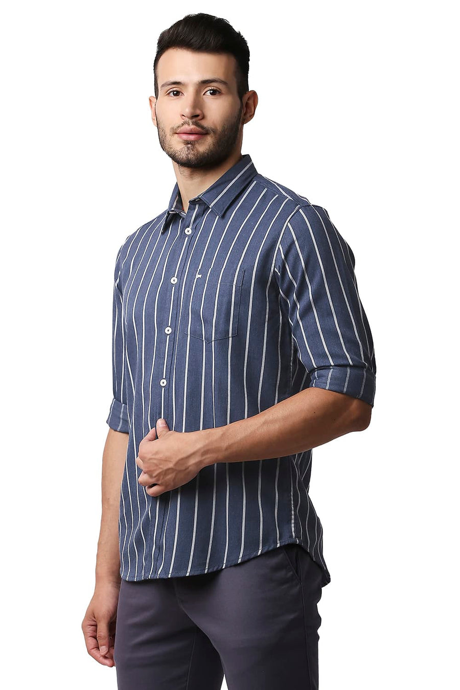 BASICS SLIM FIT BERING SEA BLUE POLY VISCOSE STRIPE SHIRT
