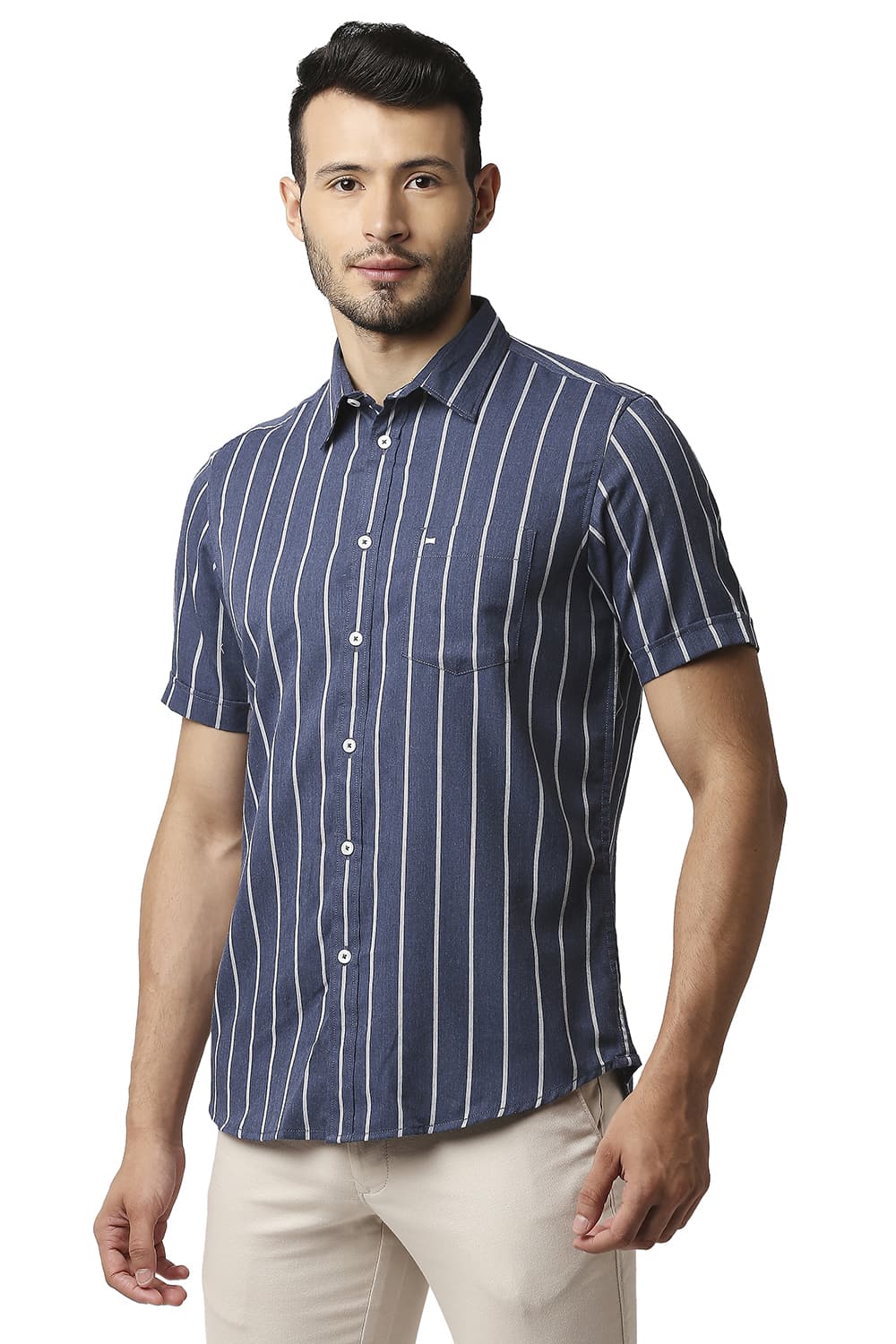 BASICS SLIM FIT POLY VISCOSE STRIPE HALFSLEEVES SHIRT