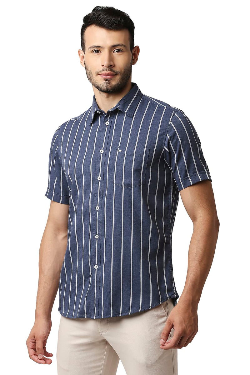 BASICS SLIM FIT POLY VISCOSE STRIPE HALFSLEEVES SHIRT