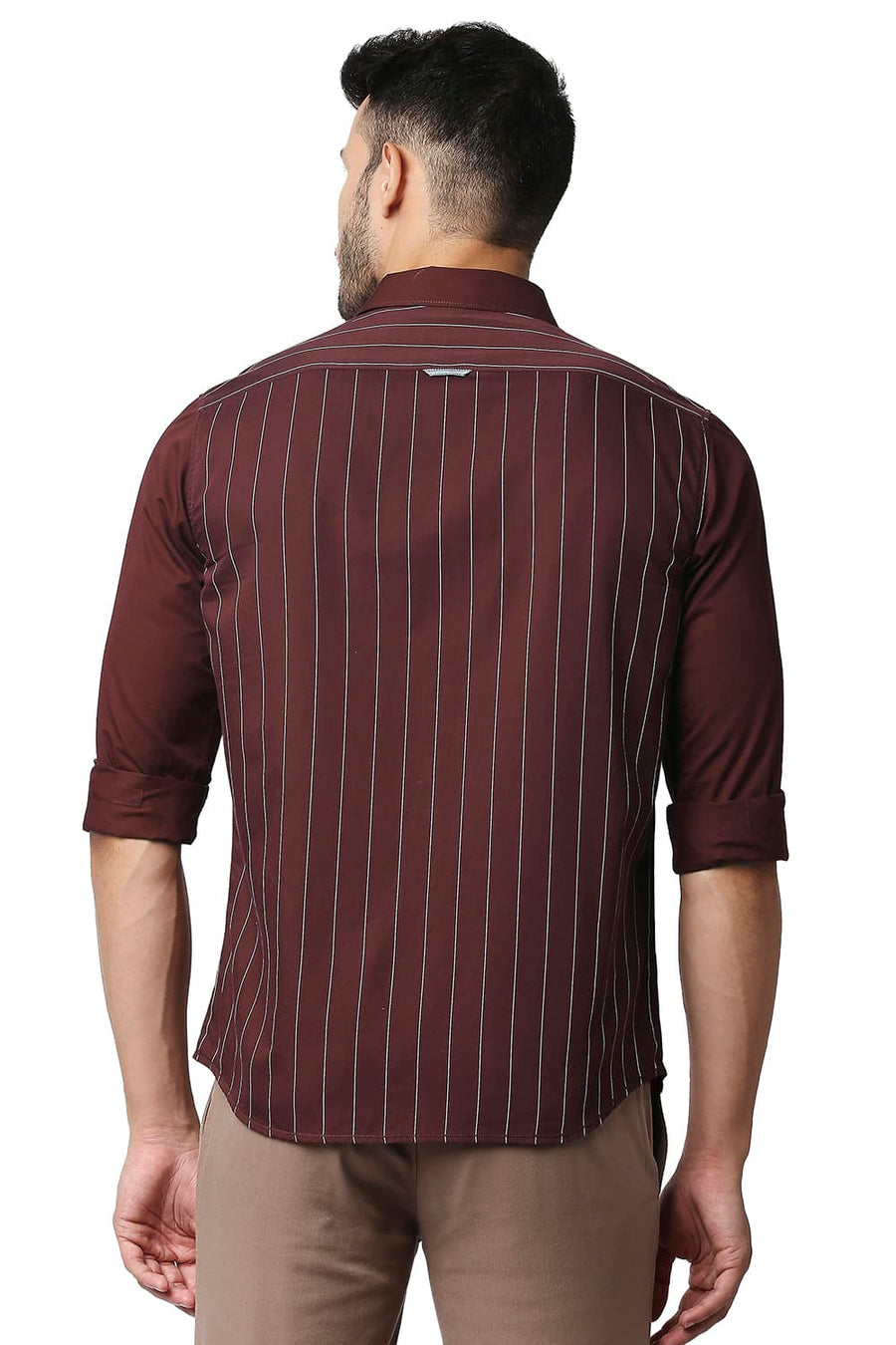 BASICS SLIM FIT PORT MAROON TWILL STRIPE SHIRT