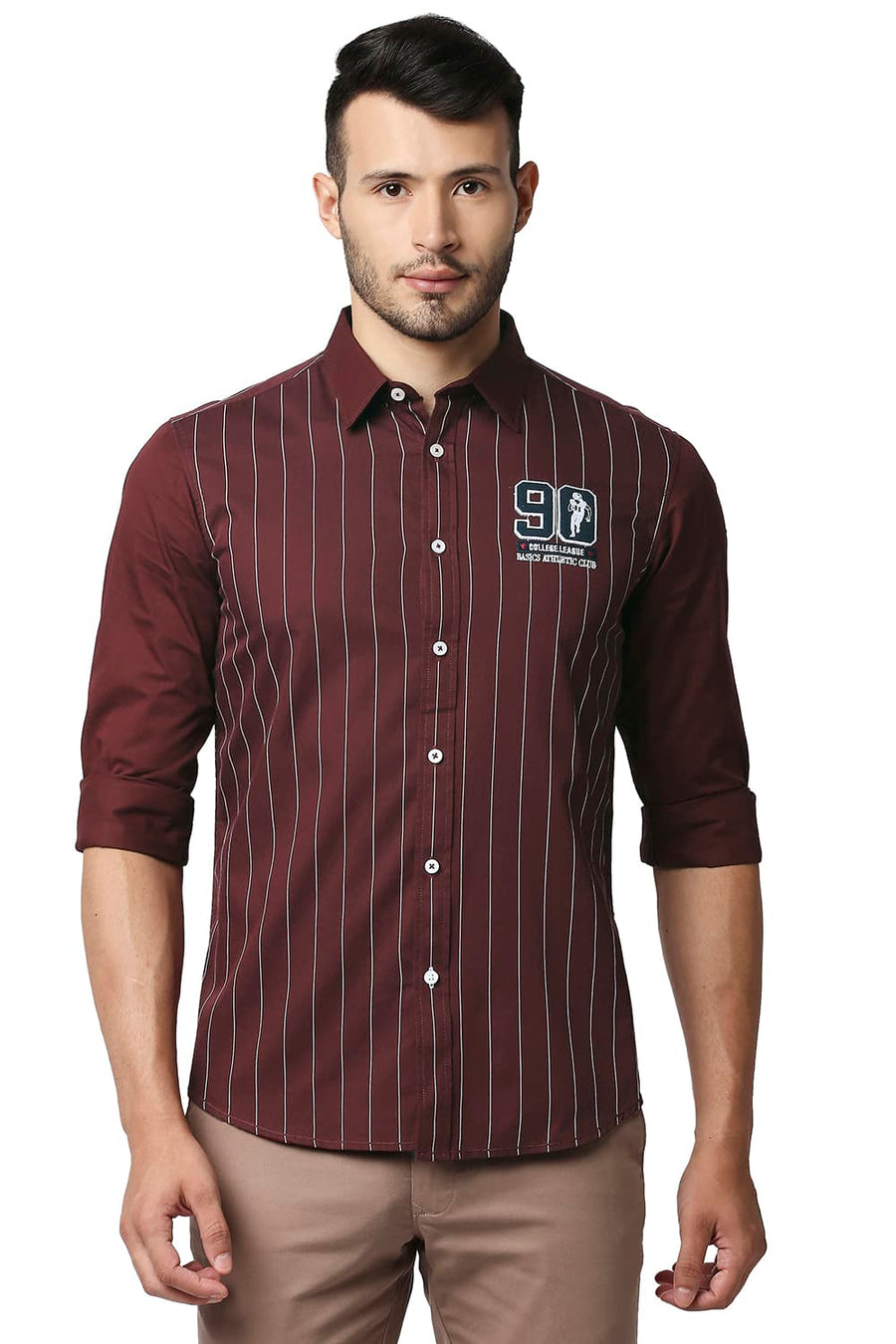 BASICS SLIM FIT PORT MAROON TWILL STRIPE SHIRT