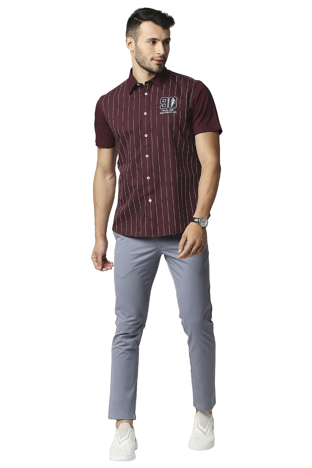 BASICS SLIM FIT TWILL STRIPE HALFSLEEVES SHIRT